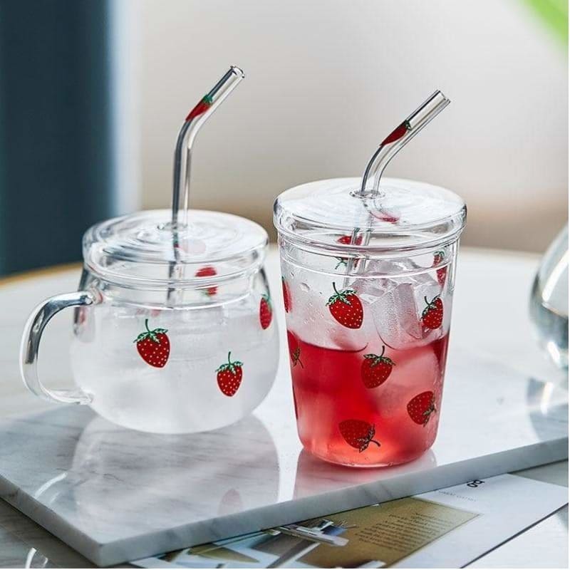 Kawaii Strawberry Glass Water Cup With Straw With Lid MM1846