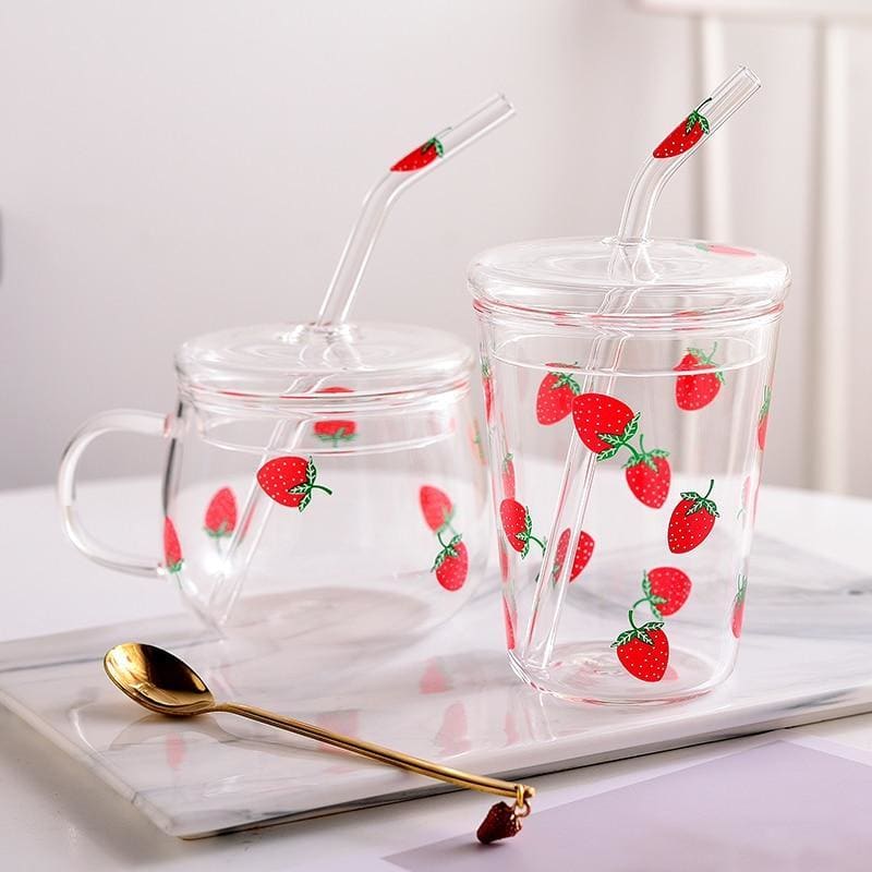 Kawaii Strawberry Glass Water Cup With Straw With Lid MM1846