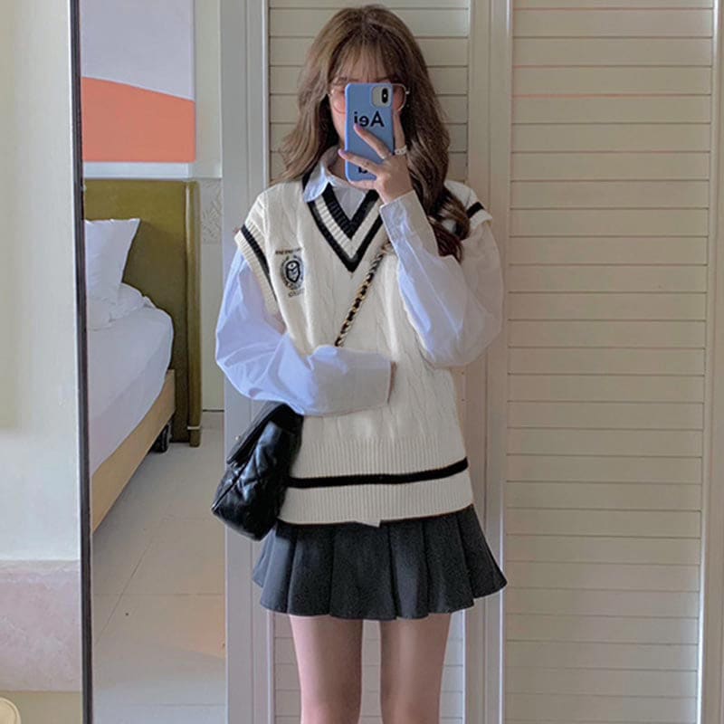 Kawaii Vest Shirt Pleated Skirt Set