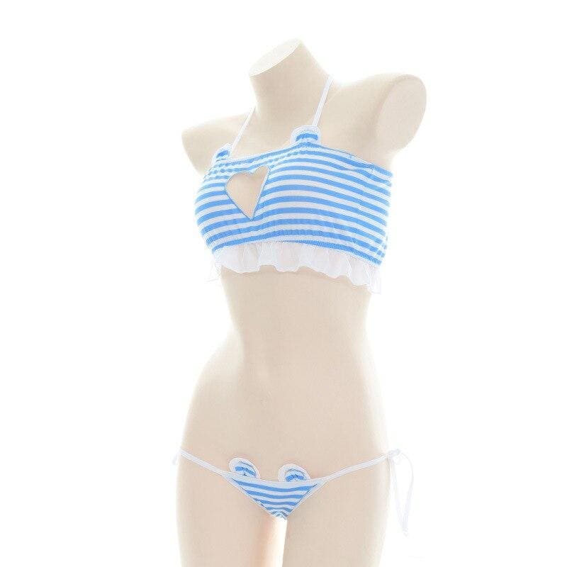 Kawaii White Blue Striped Lingerie Set MK16846