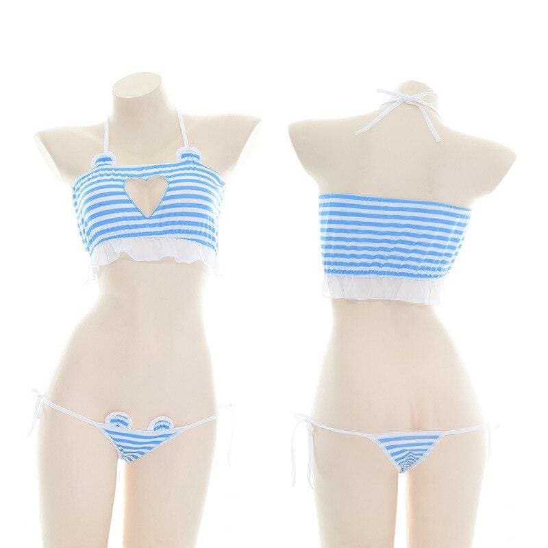 Kawaii White Blue Striped Lingerie Set MK16846