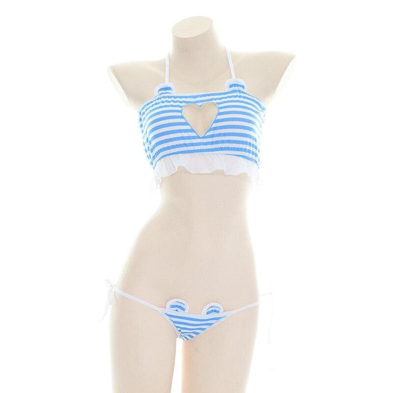 Kawaii White Blue Striped Lingerie Set MK16846