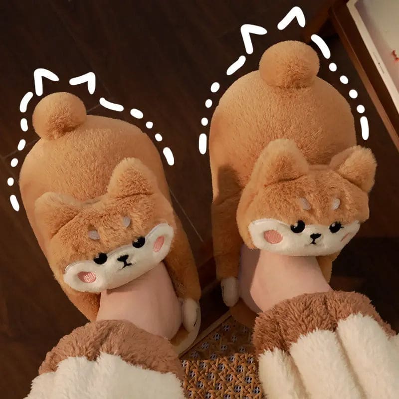 Kawaii Aesthetic Y2K Cute Fairy Khaki Dog Plush Slippers MK Kawaii Store