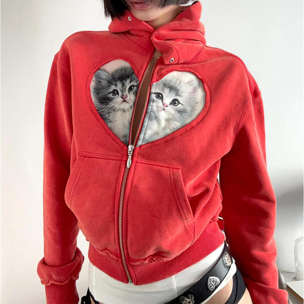 kitten heart patch zip up hoodie boogzel clothing