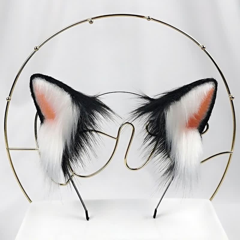 Kitty Ears Tail Headband Accessory - Black & White Ears