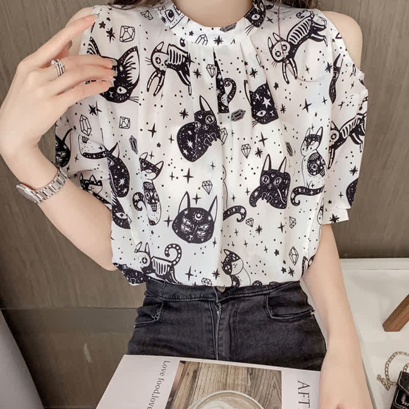 Kitty Print Cold Shouder Chiffon Shirt Casual Denim Shorts