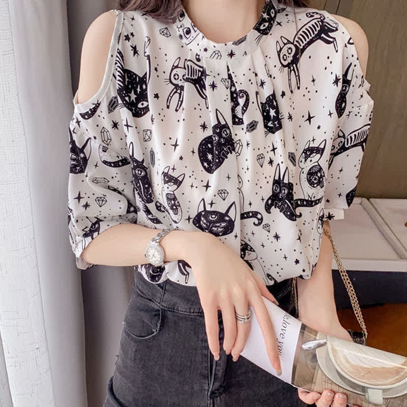 Kitty Print Cold Shouder Chiffon Shirt Casual Denim Shorts