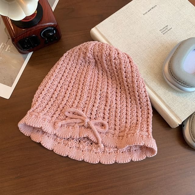 Knit Bonnet Hat - Flower Trim - Pink / One Size