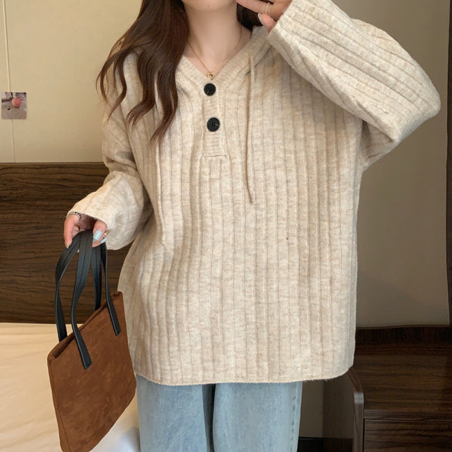Hoodie Mocha Button Knit Up