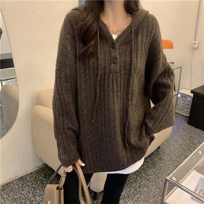 Hoodie Mocha Button Knit Up