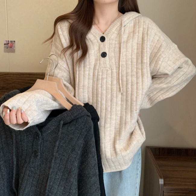Hoodie Mocha Button Knit Up