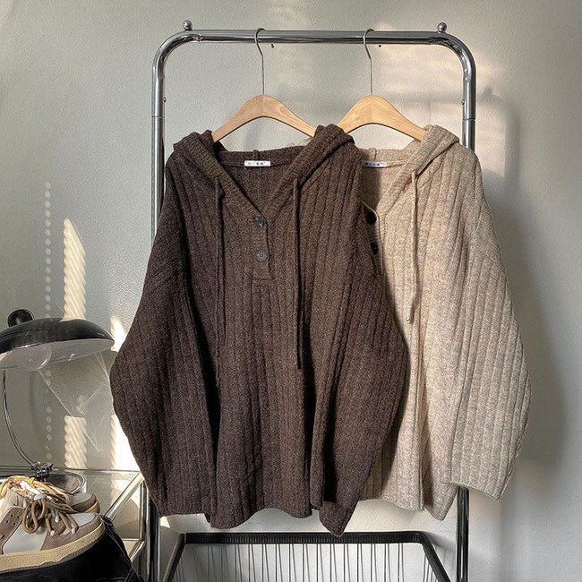 Hoodie Mocha Button Knit Up
