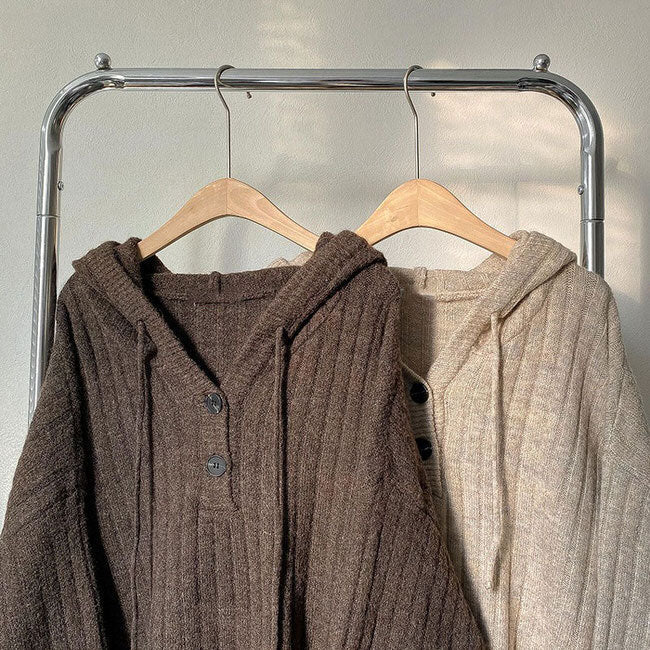 Hoodie Mocha Button Knit Up