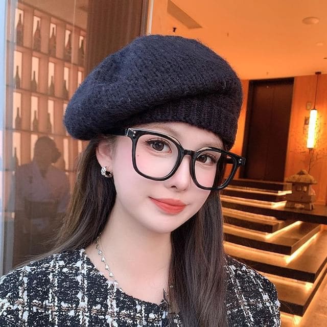 Knit Plain Beret - Black / One Size