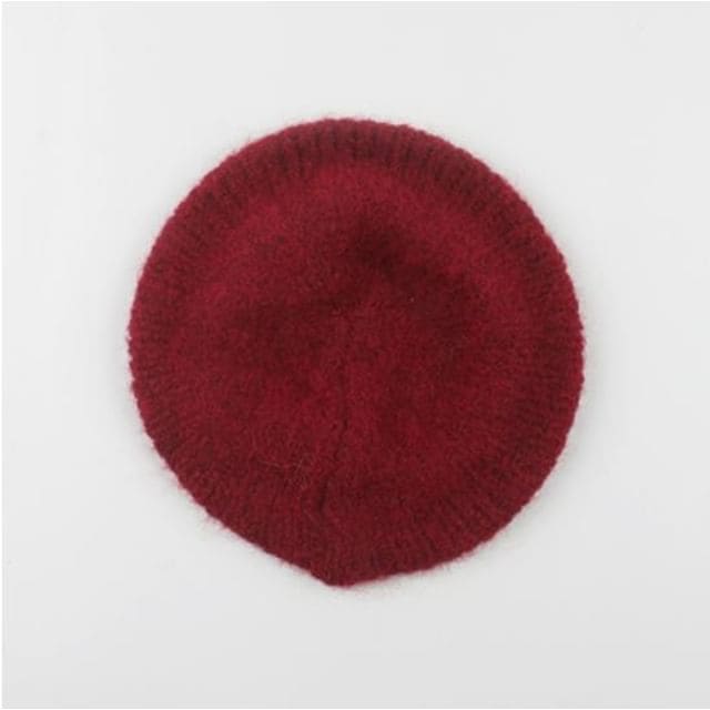 Knit Plain Beret - Wine Red / One Size