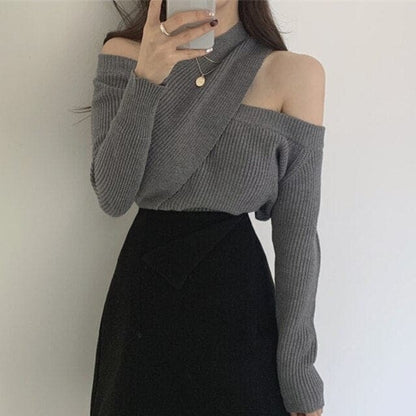 Knitted Sweater Cutout Off Shoulder Cross Tops BM156