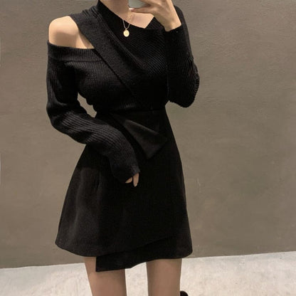 Knitted Sweater Cutout Off Shoulder Cross Tops BM156