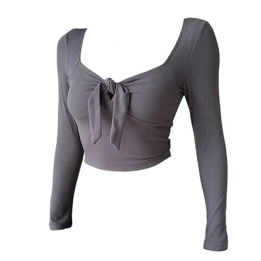 Knot Tie Ribbed Long Sleeve Top - S / Dark Grey - Tops