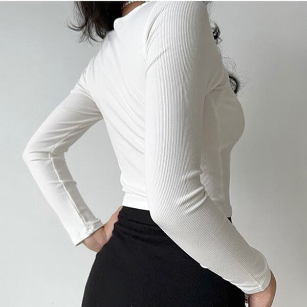 Knot Tie Ribbed Long Sleeve Top - Tops