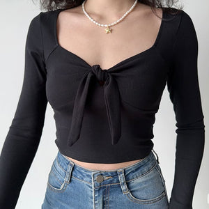 Knot Tie Ribbed Long Sleeve Top - Tops