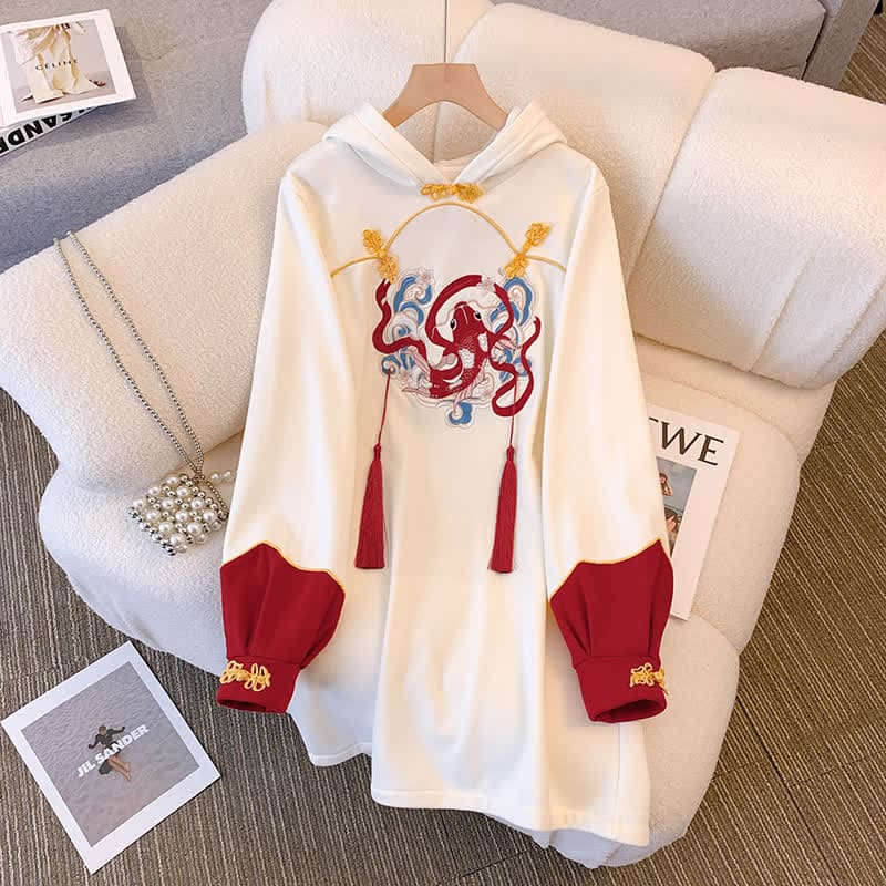 Koi Fish Fringed Buckle Hoodie Sweatshirt Dress