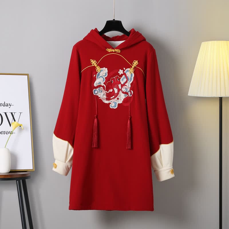 Koi Fish Fringed Buckle Hoodie Sweatshirt Dress - Red / M