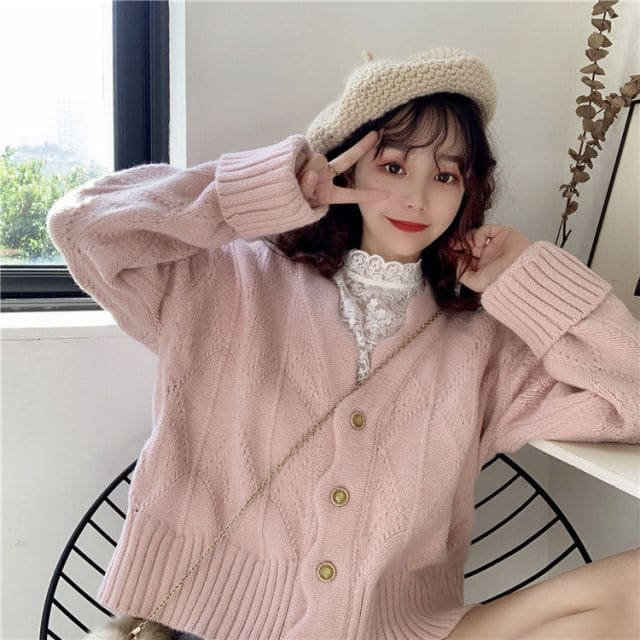 Korean Cropped Cardigan Lovely Elegant Pink/White Chic