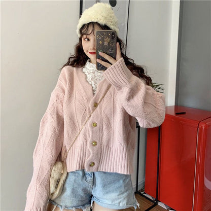 Korean Cropped Cardigan Lovely Elegant Pink/White Chic