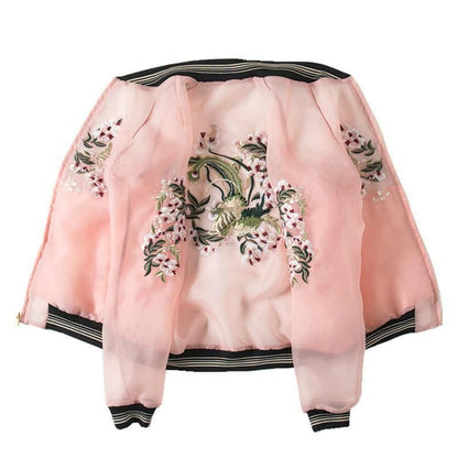 Korean Fashion Floral Embroidery Pink Bomber Jacket MK16478