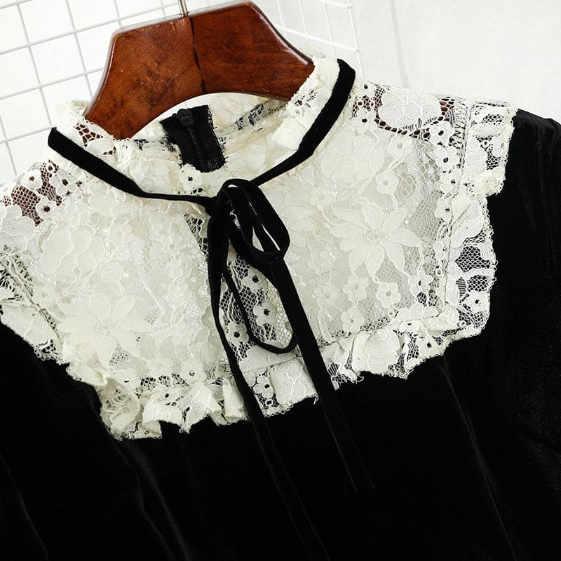 Korean Lace Patchwork O Neck Black High Waist Dress BM164