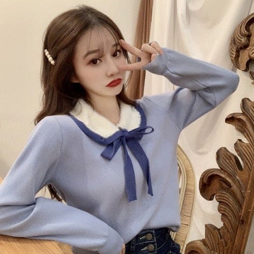 Korean Long Sleeve Sweet Pullovers Bow Knitted Sweaters