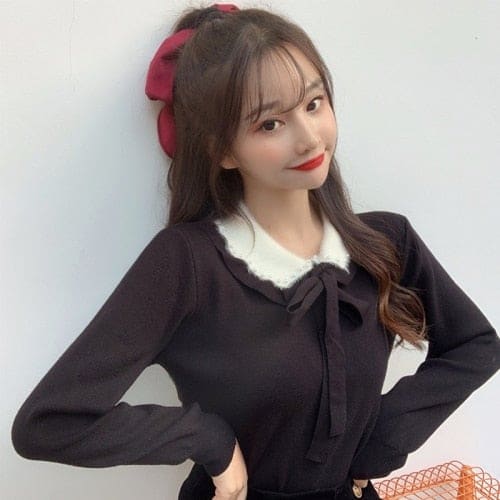 Korean Long Sleeve Sweet Pullovers Bow Knitted Sweaters