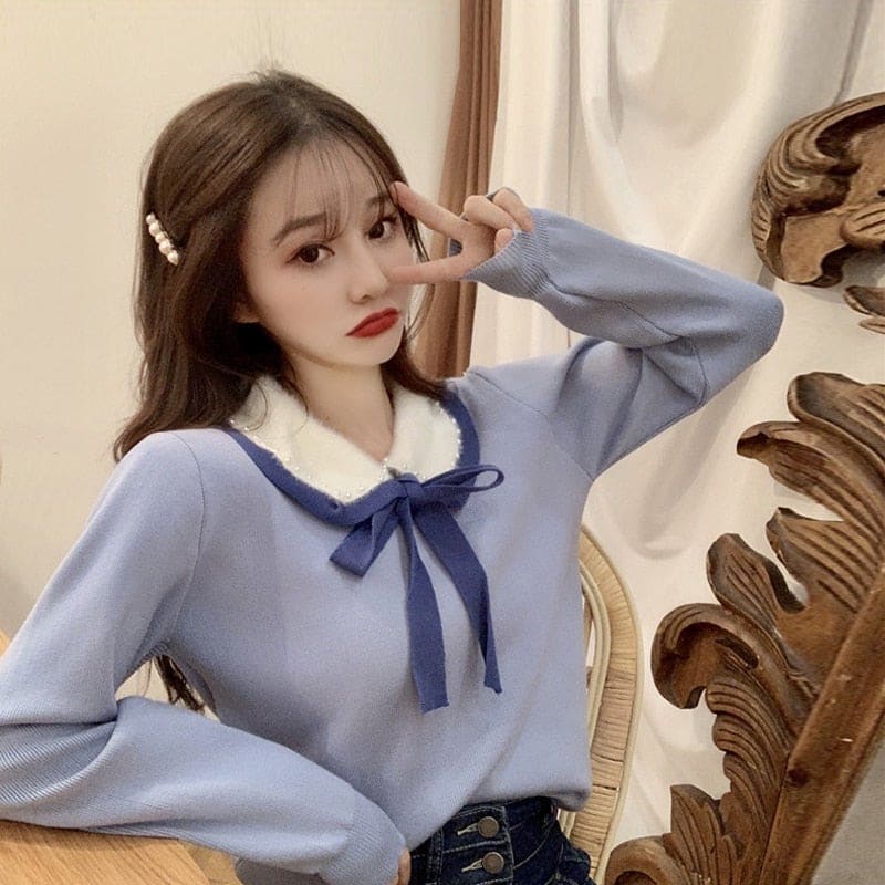 Korean Long Sleeve Sweet Pullovers Bow Knitted Sweaters