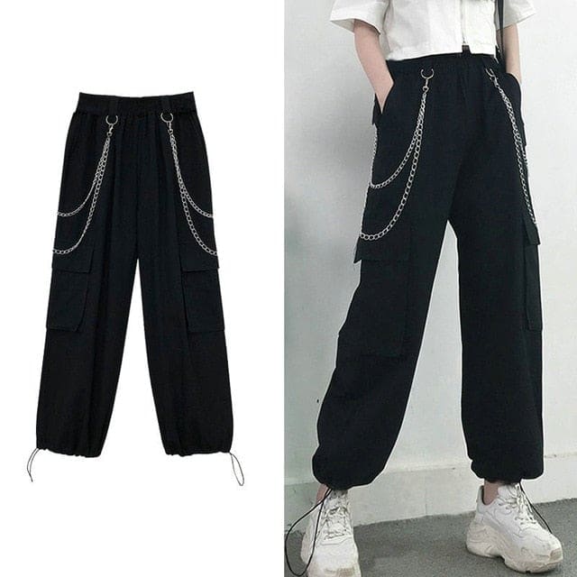 Korean Style Cargo Pants Casual Joggers Black High Waist