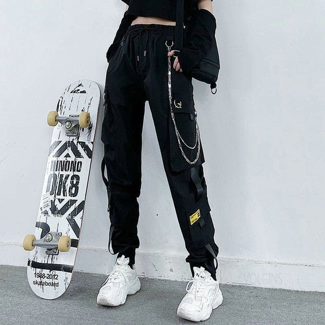 Korean Style Cargo Pants Casual Joggers Black High Waist