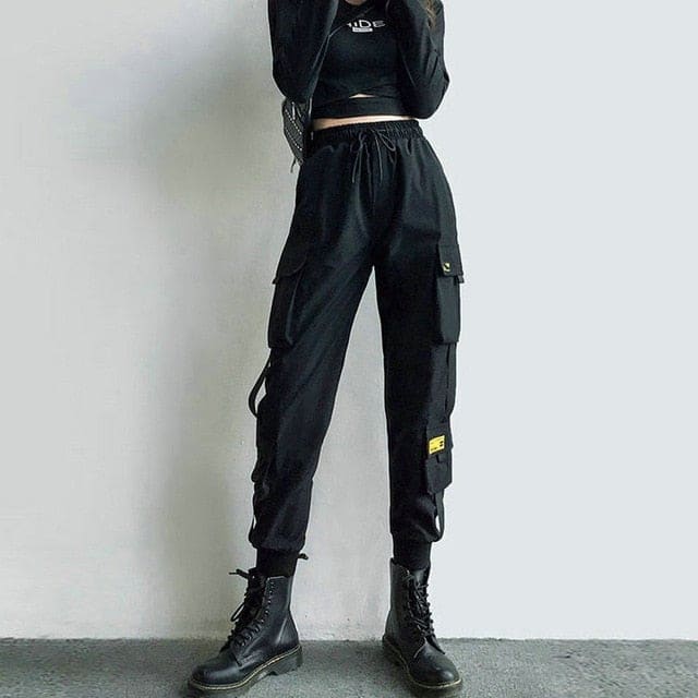 Korean Style Cargo Pants Casual Joggers Black High Waist