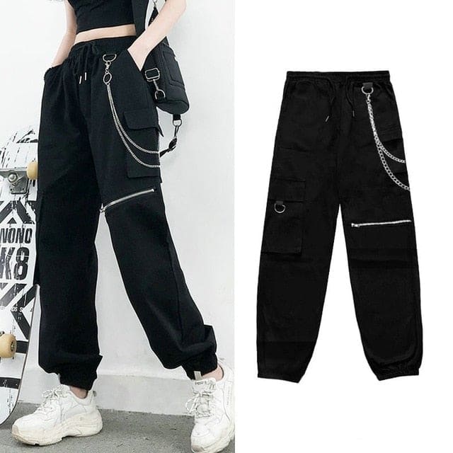 Korean Style Cargo Pants Casual Joggers Black High Waist