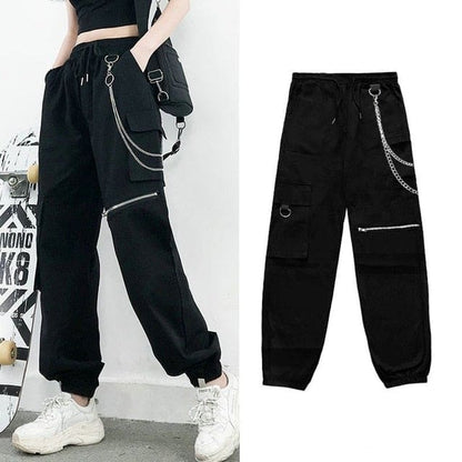 Korean Style Cargo Pants Casual Joggers Black High Waist