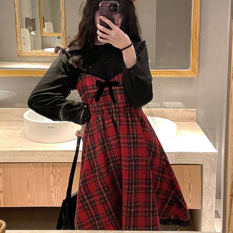 Korean Style Kawaii Red Plaid Suspender Dress MM2303