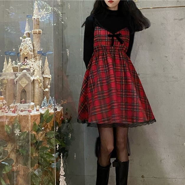 Korean Style Kawaii Red Plaid Suspender Dress MM2303