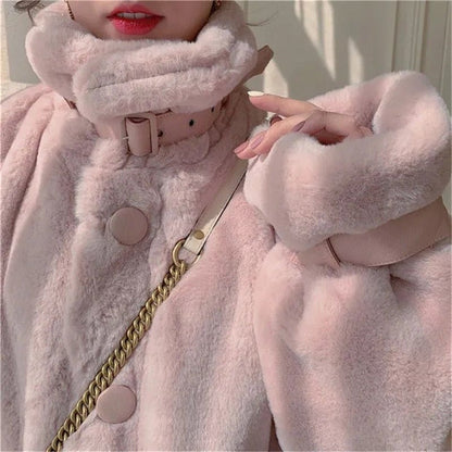 Korean Sweet Warm Pink Kawaii Lolita Cute Faux Fur Coat