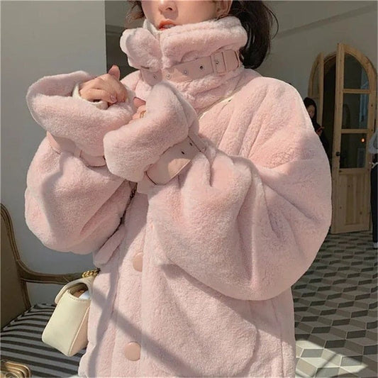 Korean Sweet Warm Pink Kawaii Lolita Cute Faux Fur Coat