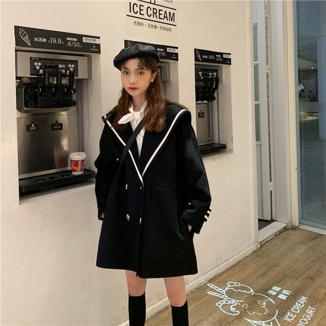 Korean Warm Black/White Mid-Long Navy Lapel Faux Woolen