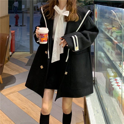 Korean Warm Black/White Mid-Long Navy Lapel Faux Woolen