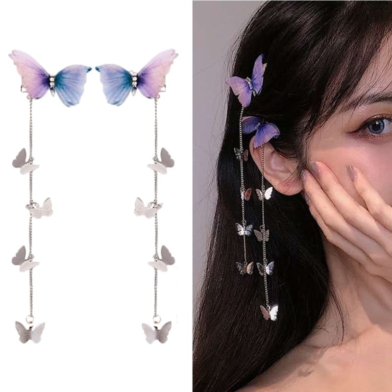 Korean Yarn Elegant Metal Tassel Long Hair Clips Butterfly