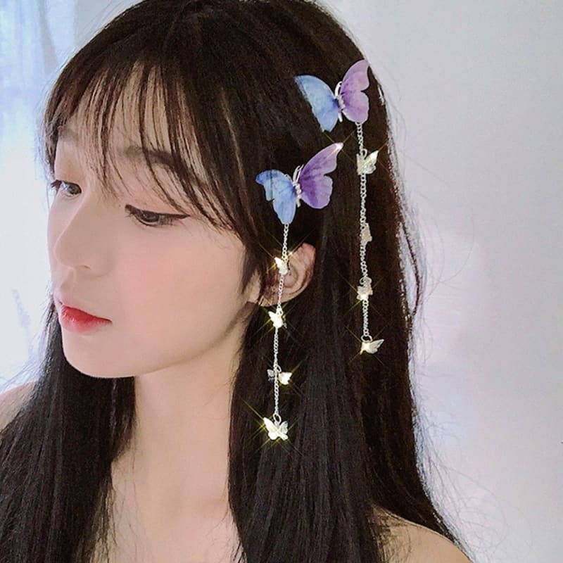 Korean Yarn Elegant Metal Tassel Long Hair Clips Butterfly