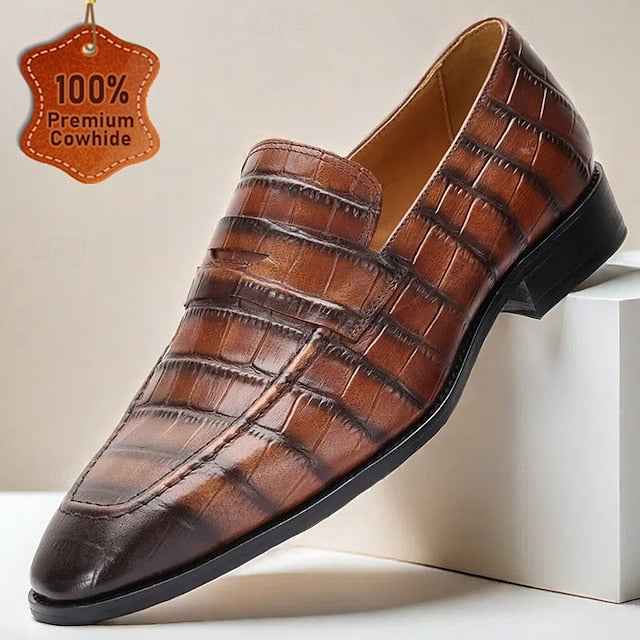 Dress Crocodile Men's Pattern Classic Brown Leather Shoes -