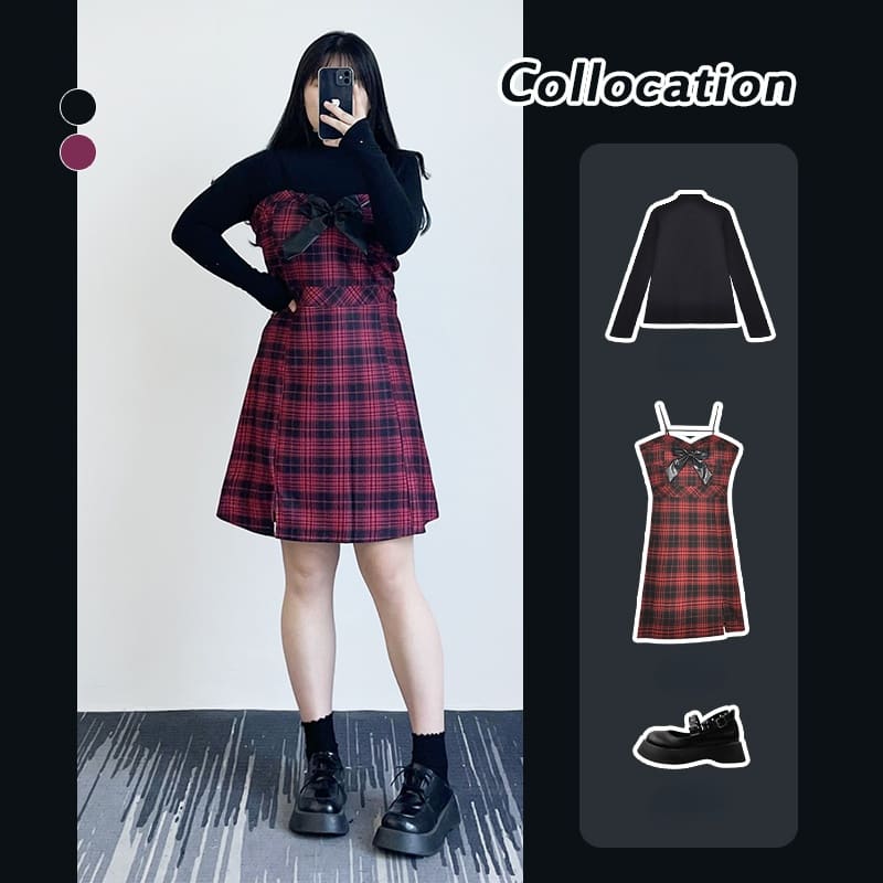 L-3XL Gothic Black Red Plaid Suspender Dress Set MM2307