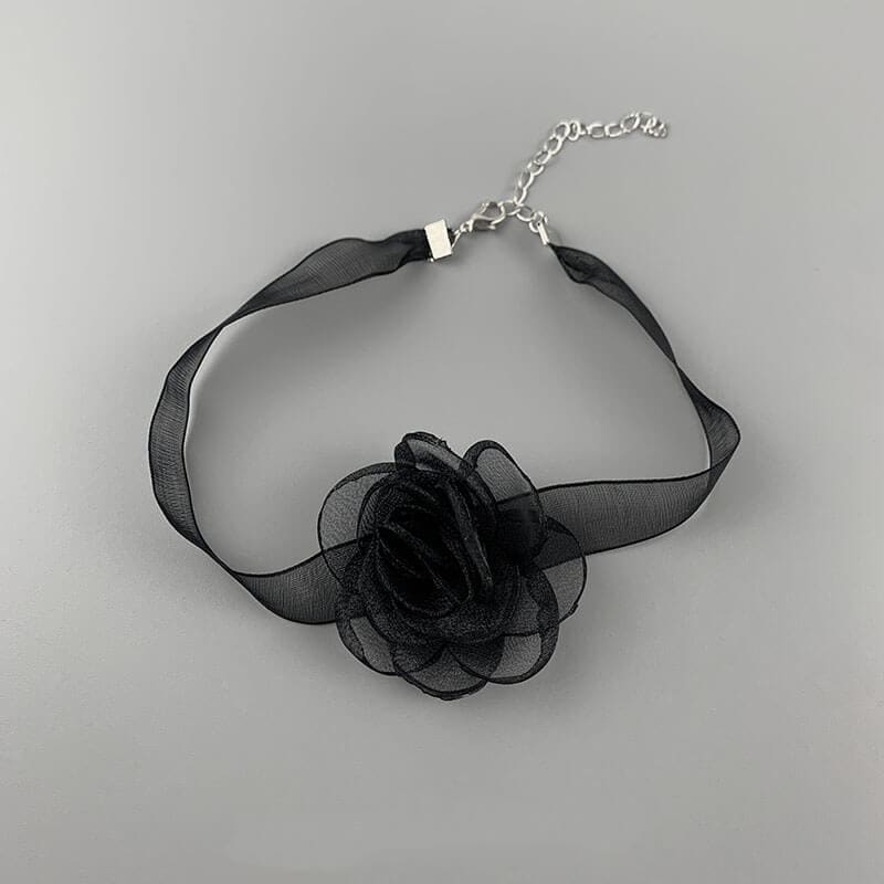 Lace Black Camellia Choker - Black - Necklaces