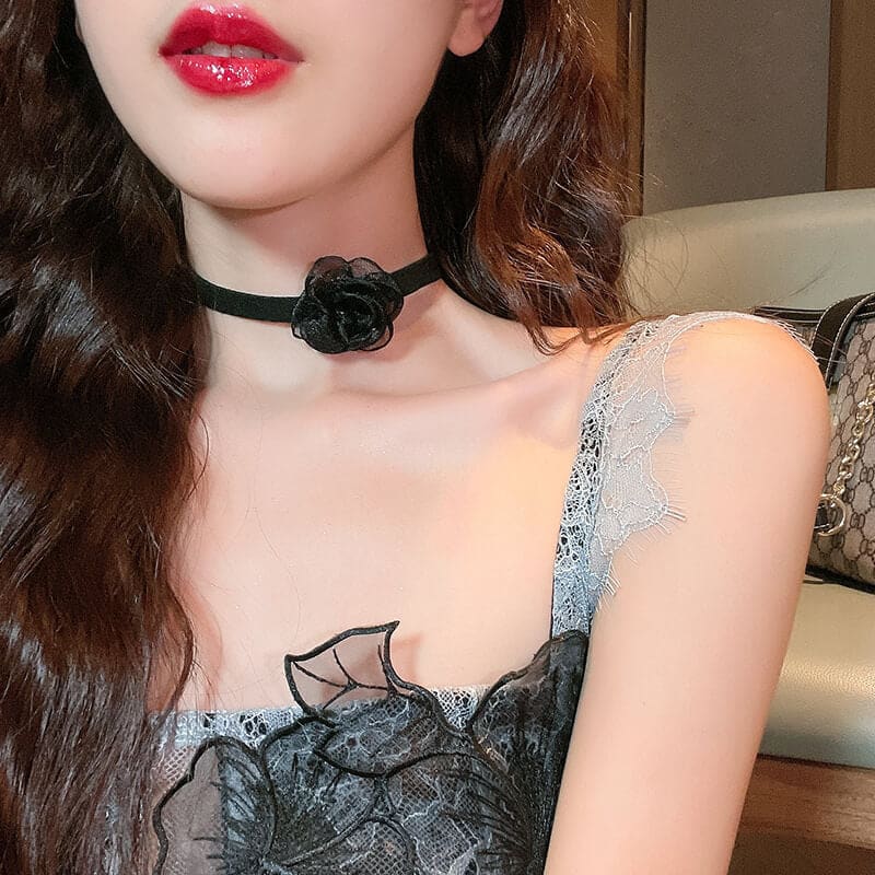 Lace Black Camellia Choker - Necklaces